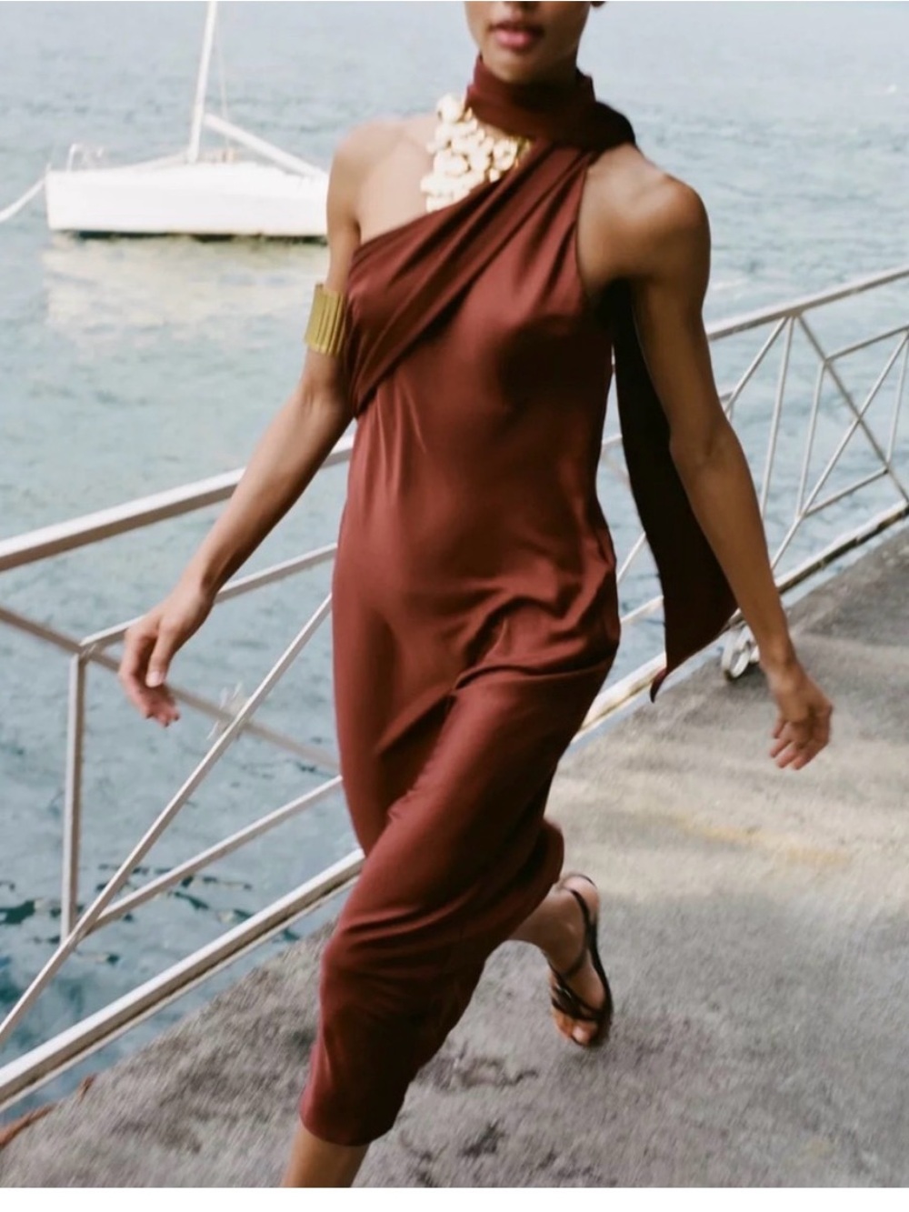 Zara One-Shoulder Rust Brown Midi Dress
